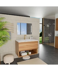 Sillysis 29" Wall Mounted Bathroom Vanity with Sink, Modern Walnut Mdf Cabinet, Large Drawer Storage for Small Space