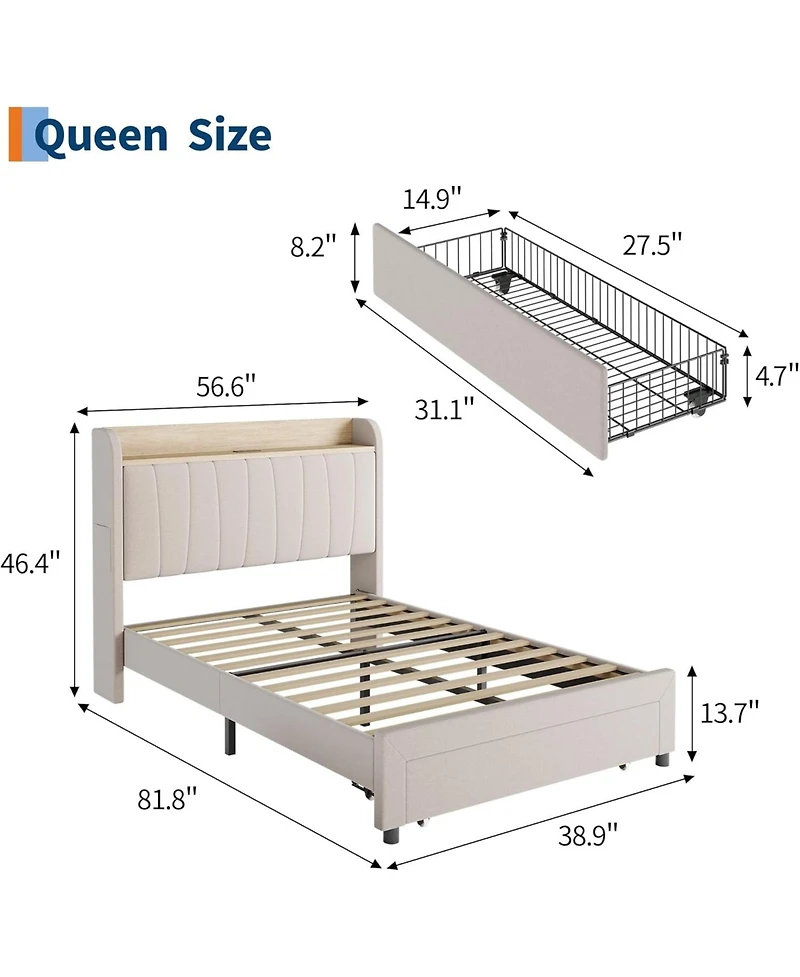 gaomon Twin Bed Frame With Storage Headboard Drawers Charging Metal Platform Wooden Slats No Box Spring