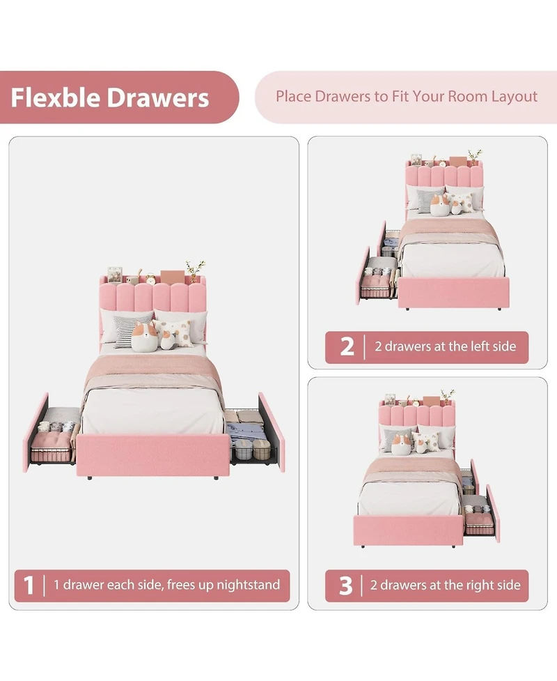 gaomon Frame with Led Storage Headboard Kids Platform Bed with 2 Drawers Boucle Upholstered Wave Headboard Bookcase