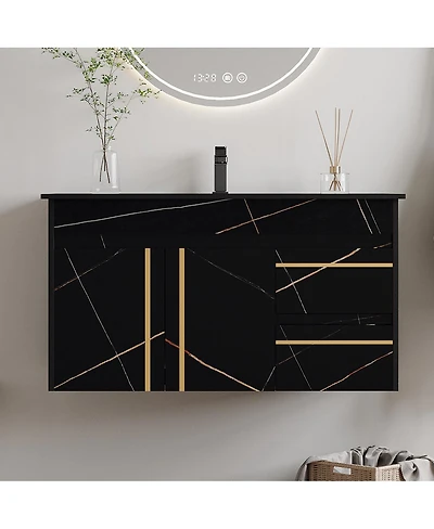 Sillysis Floating Bathroom Vanity with Faux Marable Top, Integrated Ceramic Sink, Soft Close Drawers, Luxury Modern