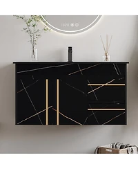 Sillysis Floating Bathroom Vanity with Faux Marable Top, Integrated Ceramic Sink, Soft Close Drawers, Luxury Modern