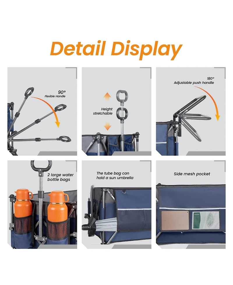 Rainsken Folding Wagon Cart - Multi-Functional Push-Pull Carts with Canopy, Rotating Handle, All-Terrain Wheels, 480lbs Capacity for Transport