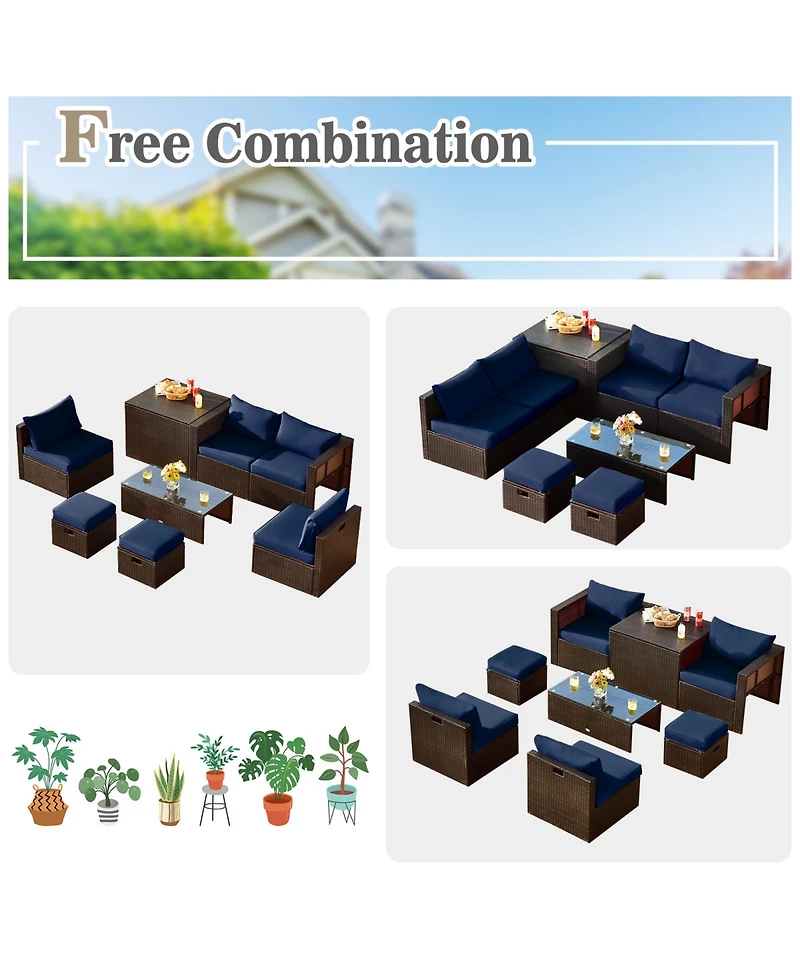 Gymax 8 Pcs Outdoor Wicker Furniture Set w/Storage Box Tempered Glass Table 2 Ottomans