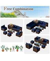 Gymax 8 Pcs Outdoor Wicker Furniture Set w/Storage Box Tempered Glass Table 2 Ottomans