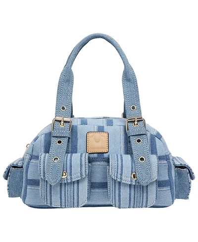 True Religion Multi Stripe Soft Satchel – Mini Handbag with Utility Pockets