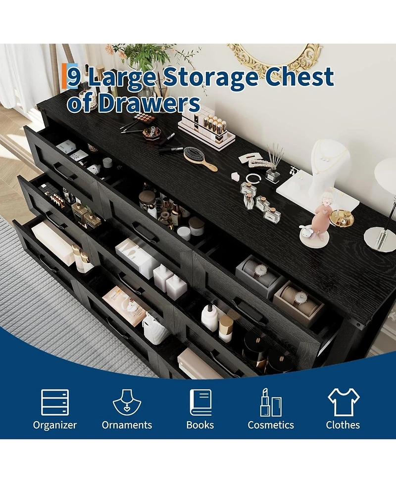 gaomon 59" Wide 9-Drawer Dresser for Bedroom, Farmhouse Tall Wooden Chest of Drawers with Mid Century Modern Style