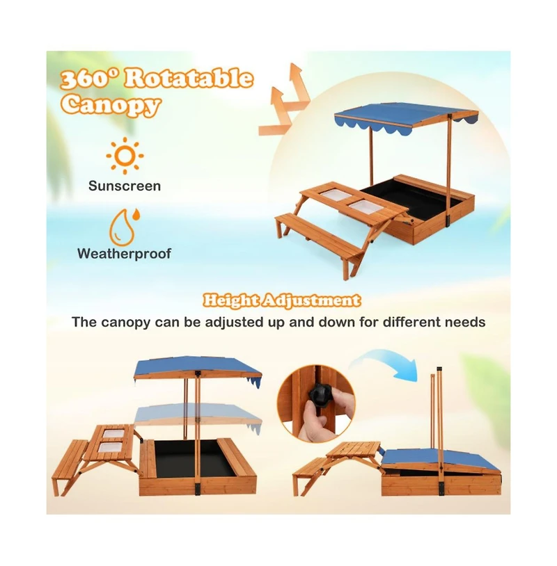 Hongge Kids Wooden Sand Box with Foldable Picnic Sensory Table and Bench