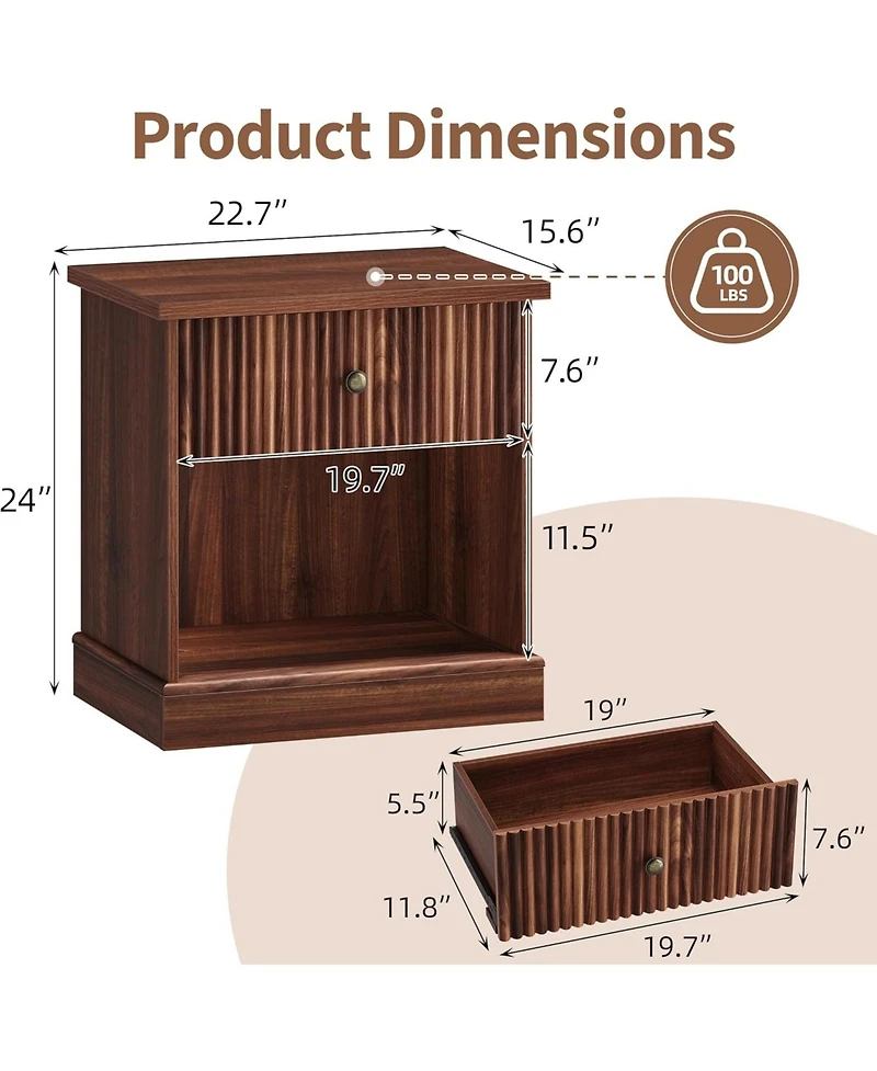 gaomon Fluted Nightstand with Drawer, Mid Century Modern Bedside Table Brown Nightstand with Storage