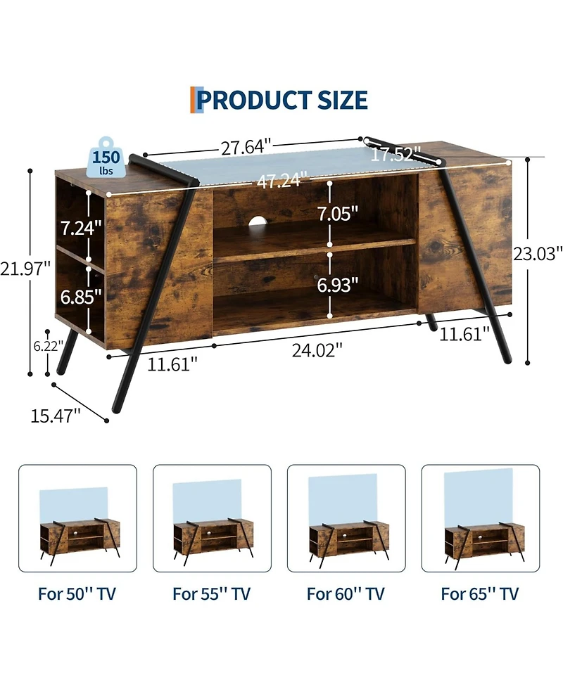 gaomon Tv Stand, Mid-Century Modern Console, Adjustable Shelf, Cable Management, Metal Legs