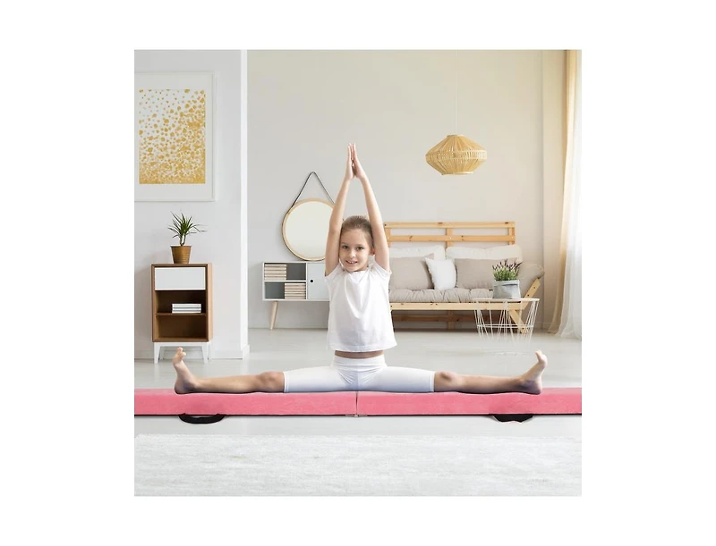 Hongge 9 Ft Folding Gymnastics Balance Beam with Anti-slip Base and Pine Wood Frame-Pink