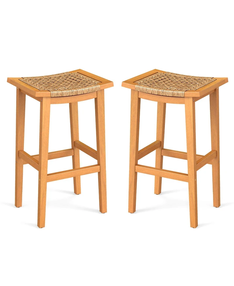 sumyeg Set of 2 Outdoor Acacia Wood Bar Stools with Pe Rattan Seats and Backs