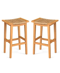 sumyeg Set of 2 Outdoor Acacia Wood Bar Stools with Pe Rattan Seats and Backs