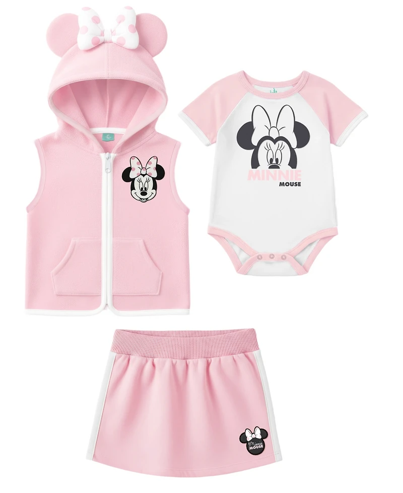 Disney Baby Girls' Minnie Print Vest, Bodysuit, and Skirt, 3-Piece Set