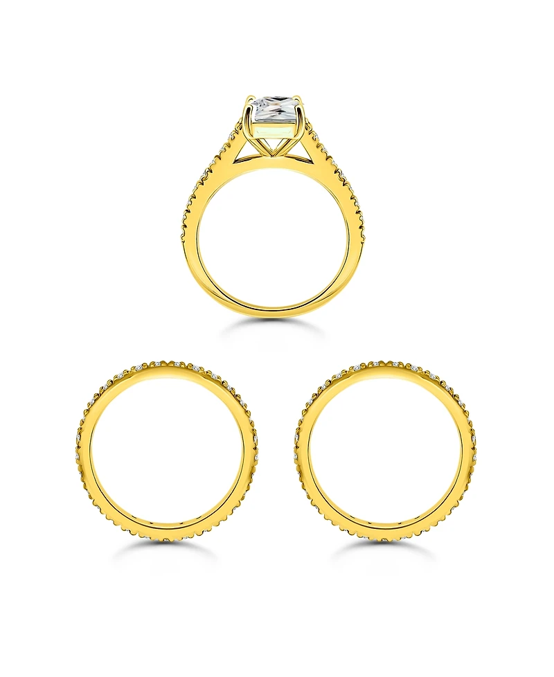 Macy's 3 3/4 cttw 3pc Set- 1-7mm Square Cut Cubic Zirconia Stone with Pave/Polish Combo Band + 2-Pave Rings