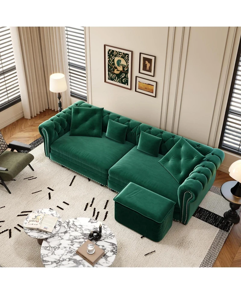 Streamdale Chesterfield Green Velvet King Size 3-in-1 Pull-Out Sofa Bed with Ottoman