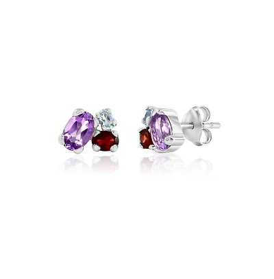 Simona Sterling Silver, Multi-Oval Gem Studs - Amethyst, Garnet
