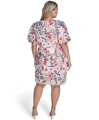 Eliza J Plus Boat Neck Floral Embroidered Mesh Dress