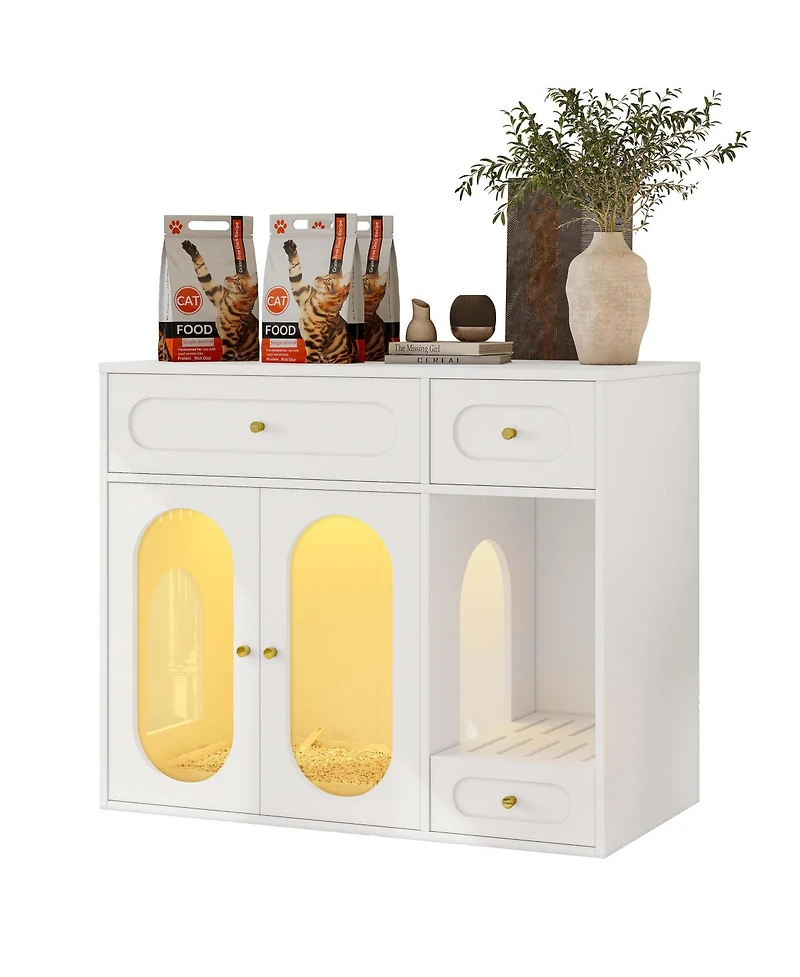 Aostirmotor Cat Litter Box Enclosure with Led Light – End Table with Storage Drawers & Acrylic Doors