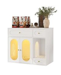 Aostirmotor Cat Litter Box Enclosure with Led Light – End Table with Storage Drawers & Acrylic Doors
