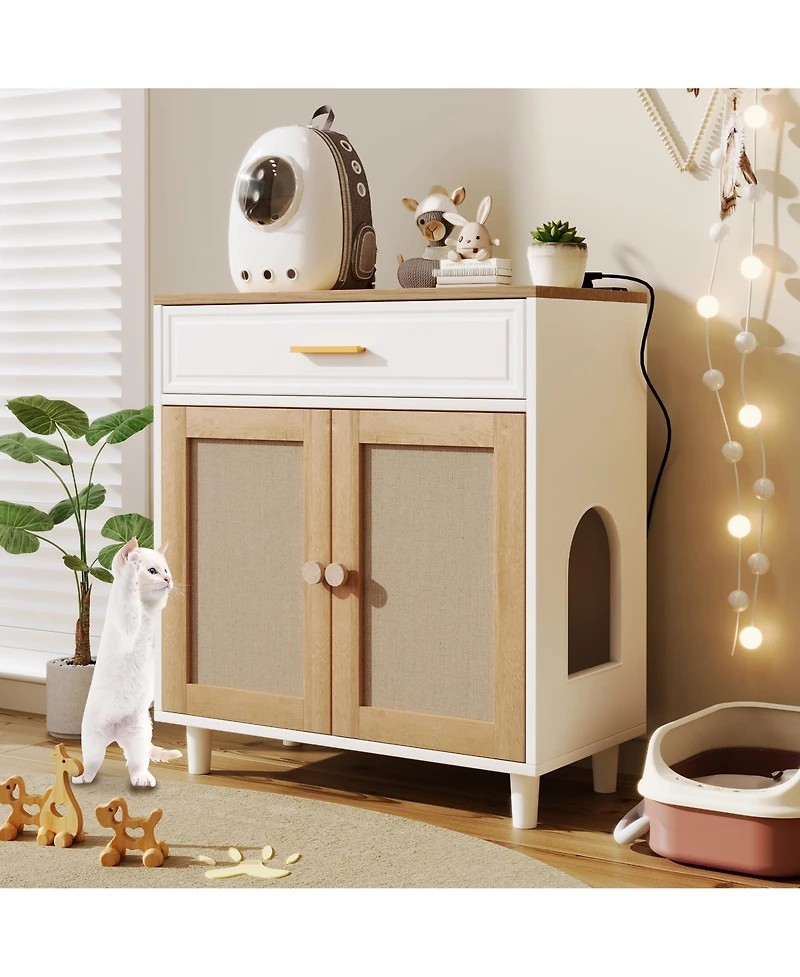 Aostirmotor 3-in-1 Cat Furniture: Litter Box Enclosure with Scratcher & Storage – Modern Side Table Design, Hidden Cat House for Living Room