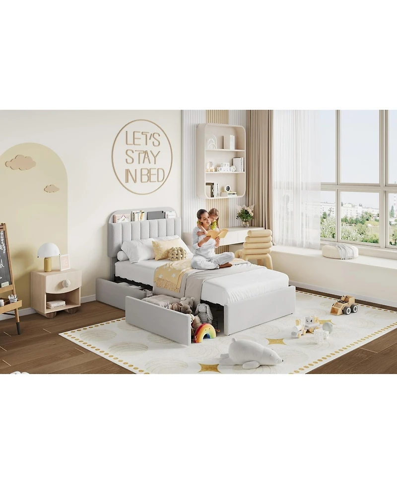 gaomon Bed Frame with Storage Headboard, Kids 2 Drawers, Boucle Upholstered Platform Bookcase