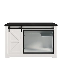 Aostirmotor Farmhouse Cat Litter Box Enclosure with Sliding Barn Door – White Nightstand Cabinet with Led Light & Storage, Hidden Cat Furniture