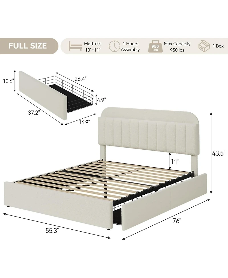 gaomon Bed Frame with Storage Headboard, Kids 2 Drawers, Boucle Upholstered Platform Bookcase