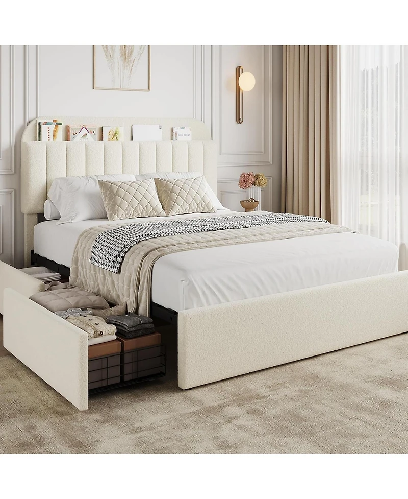 gaomon Bed Frame with Storage Headboard, Kids Bed Frame with 2 Drawers, Boucle Upholstered Platform Bed with Bookcase, No Box Spring Needed