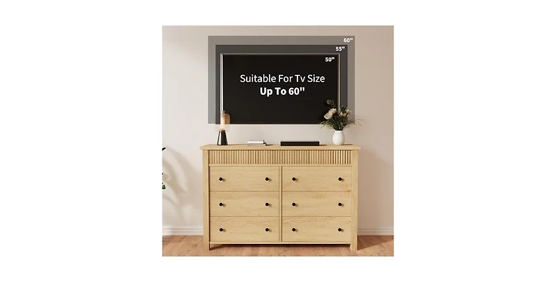 gaomon 6 Drawer Dresser for Bedroom, Wooden Chest of Drawers, Fluted Tv Stand, Storage Organizer for Living Room