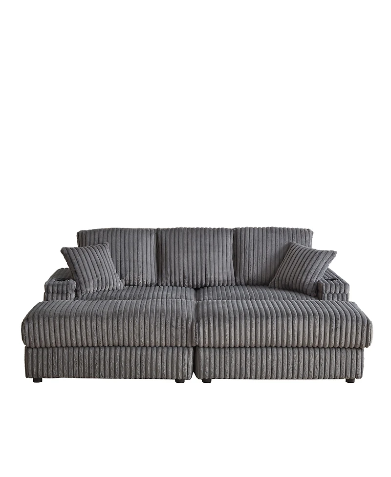 Streamdale Furniture Streamdale 84" Corduroy 3-Seater Sofa w/ Pillows, Ottomans, Storage & Cup Holders