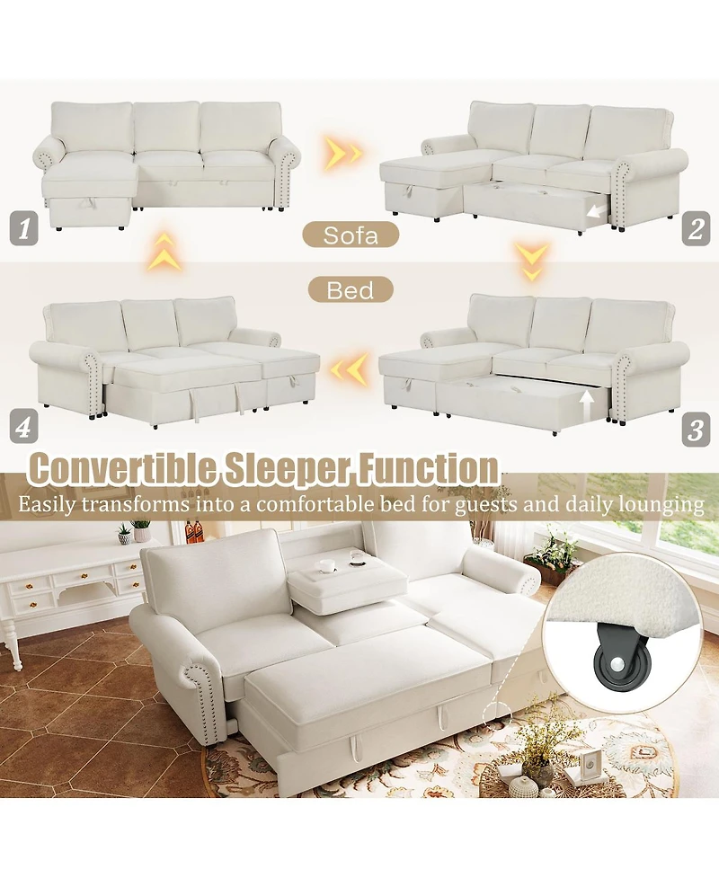 Streamdale Furniture 95" Convertible Sectional Sleeper Sofa w/ Storage Chaise & Cup Holders