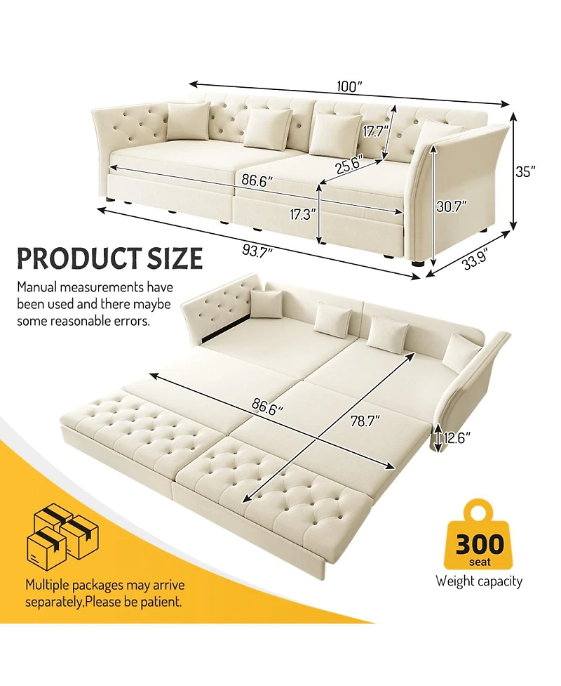 Streamdale Furniture Oversize Pull Out Sofa Bed with Fabric Flower Tufted Design, Velvet Loveseat Bed