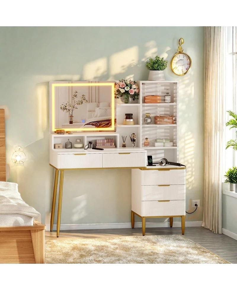 gaomon Modern Fluted Makeup Vanity Desk with Lighted Mirror, 5 Drawers and Power Outlet