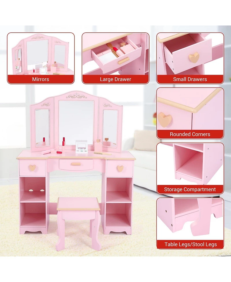 gaomon Kids Pretend Play Vanity Set with Tri-Fold Mirror and Stool