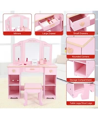 gaomon Kids Pretend Play Vanity Set with Tri-Fold Mirror and Stool
