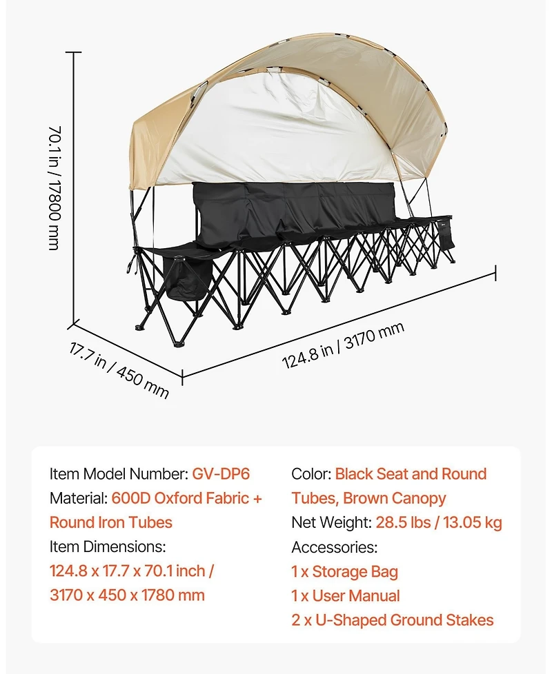 Mecale 6-Seat Portable Folding Sports Bench with Sunshade and Cup Holders