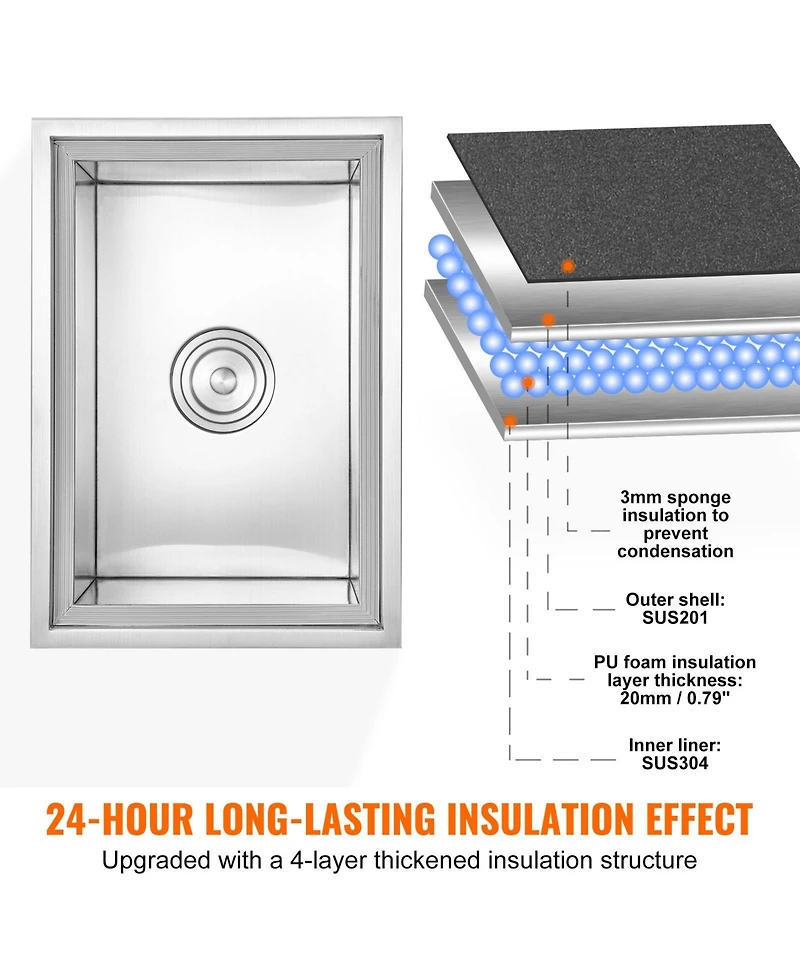 Mecale 20 x 14 x 12 Inch Drop-In Stainless Steel Ice Chest, 40 Qt with Lid
