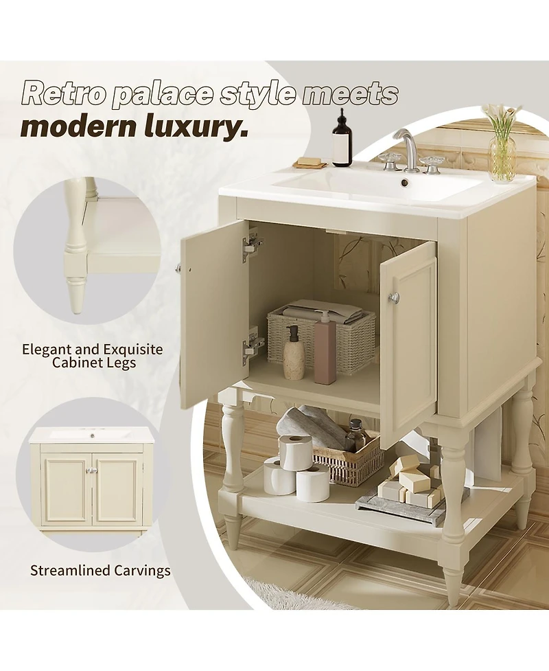 Sillysis 24" Bathroom Vanity with Ceramic Sink, Solid Wood Legs, Carved Palace Style Cabinet, Open Shelf for Small