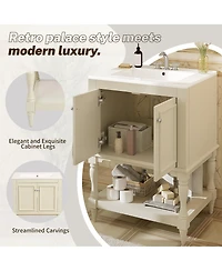 Sillysis 24" Bathroom Vanity with Ceramic Sink, Solid Wood Legs, Carved Palace Style Cabinet, Open Shelf for Small