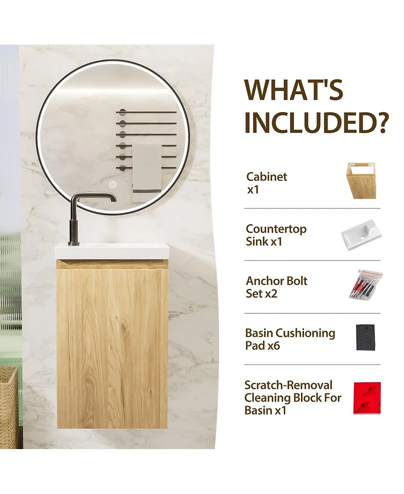 Sillysis 16" Wall Mounted Bathroom Vanity with Integrated Stone Sink Top, Modern Floating Design, Soft Close Door for Small Bathrooms