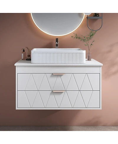 Sillysis Floating Bathroom Vanity with Ceramic Vessel Sink, 2 Soft-Close Drawers, Modern Solid Wood Wall Mounted Cabinet