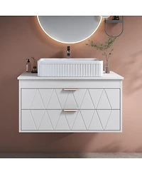Sillysis Floating Bathroom Vanity with Ceramic Vessel Sink, 2 Soft-Close Drawers, Modern Solid Wood Wall Mounted Cabinet