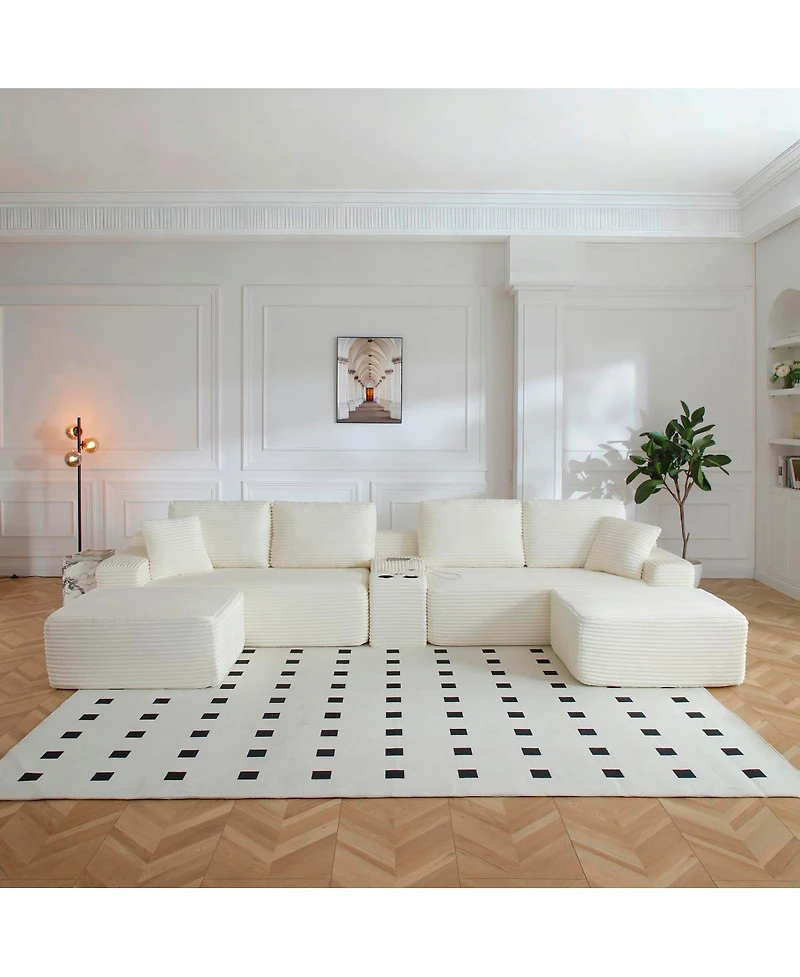 Streamdale Furniture Corduroy L-Shape Sectional Sofa with 2 Ottomans, Usb & Cup Holders