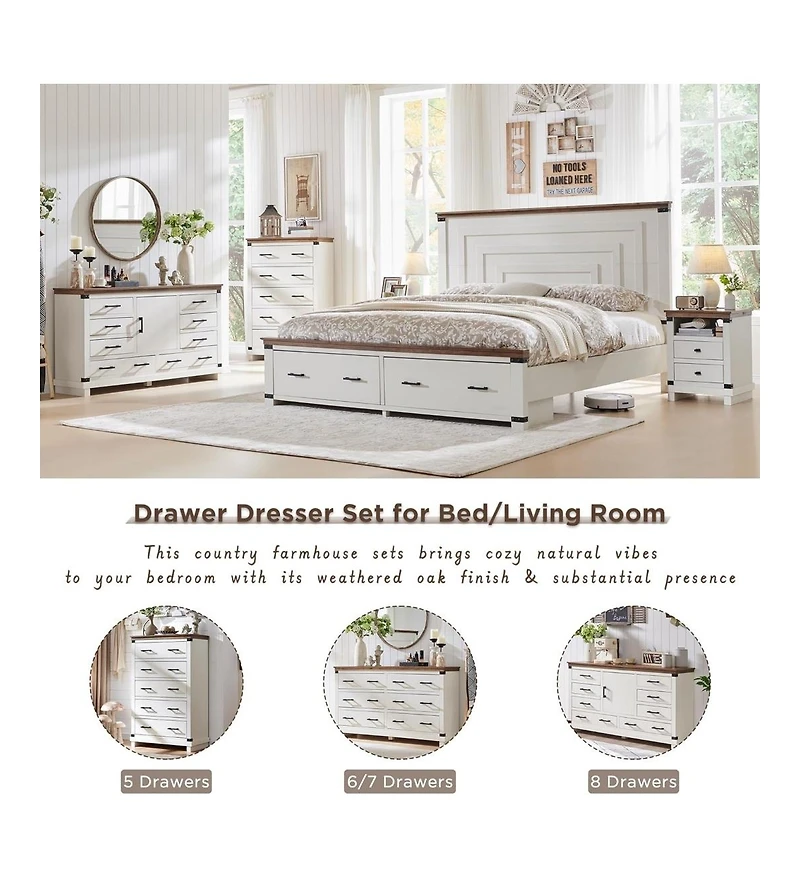 gaomon 18" Farmhouse Wood Nightstand with 2 Drawers and Charging Station