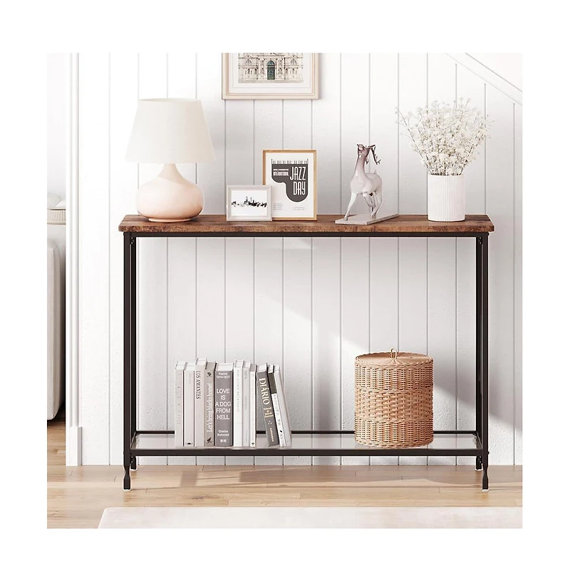 gaomon 41.5" Narrow Industrial 2-Tier Console Table with Glass Shelf and Metal Frame