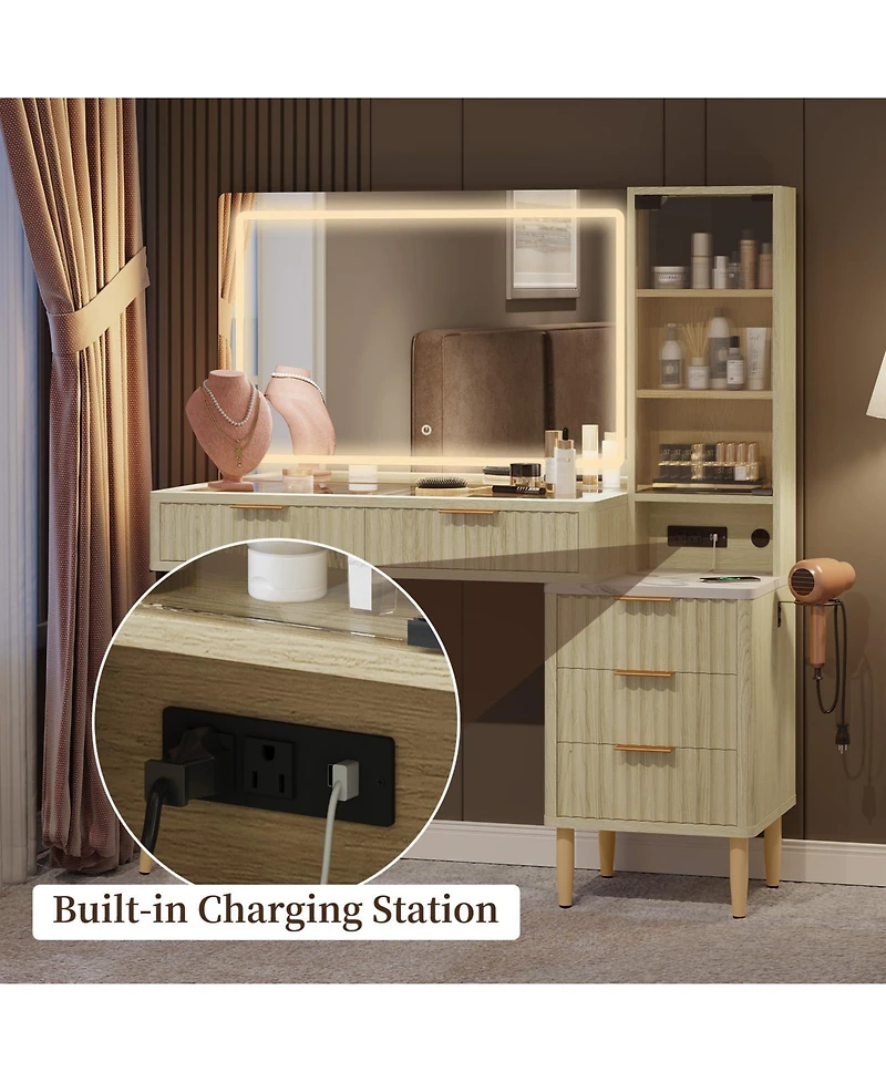 gaomon Modern Fluted Wood Makeup Vanity Desk with Glass Top, 5 Drawers and Charging Station