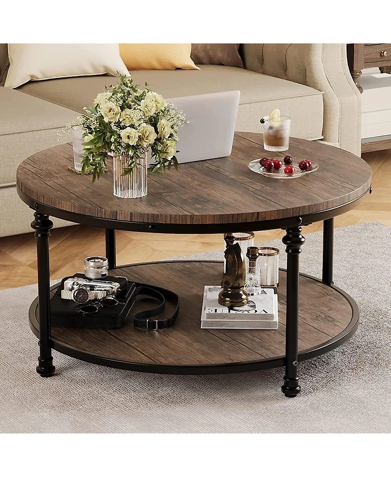 gaomon Round Rustic 2-Tier Wood Coffee Table with Metal Legs and Storage Shelf