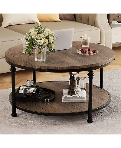 gaomon Round Rustic 2-Tier Wood Coffee Table with Metal Legs and Storage Shelf
