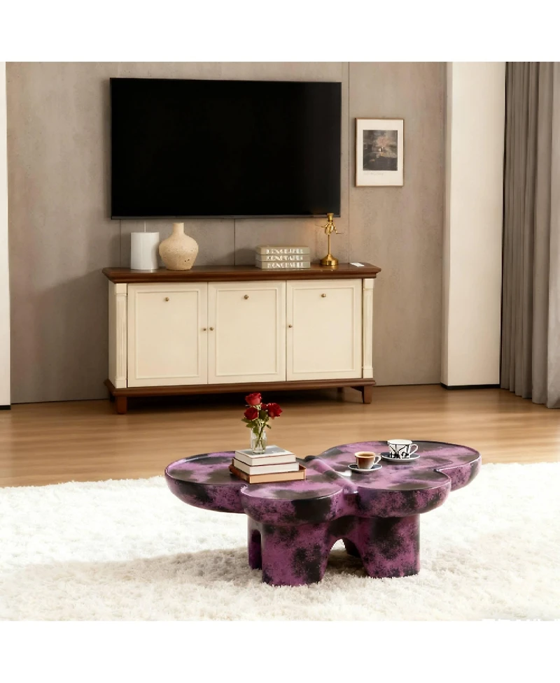 Boyel Living Modern Faux Travertine Coffee Table, Butterfly-Shaped Fiberglass Art Piece for Living Room & Office