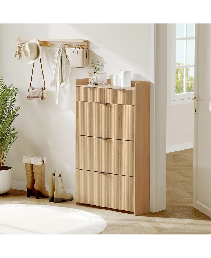 Homfan Modern Natural Shoe Cabinet with 3 Flip Drawers & 2 Small Drawers & Hook, Slim Fluted Shoe Storage Organizer, Narrow Entryway Cabinet